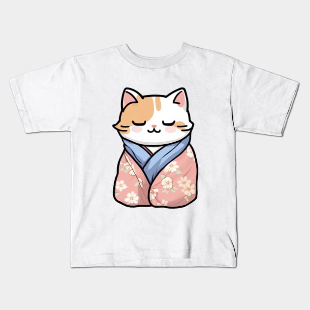 Cute cat in a cosy kimono Kids T-Shirt by InkPulse